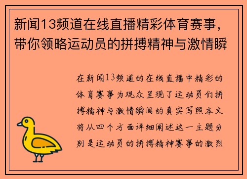 新闻13频道在线直播精彩体育赛事，带你领略运动员的拼搏精神与激情瞬间