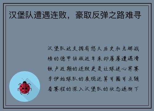 汉堡队遭遇连败，豪取反弹之路难寻